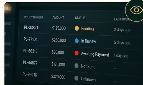 An illustrative insurance transaction status dashboard with pending and unknown statuses.
