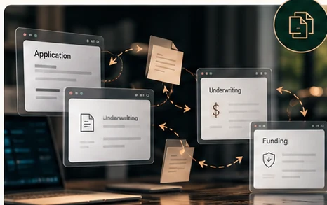 Disconnected insurance application and funding documents passing between systems.